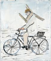 Thomas Hartmann, „Stuhl auf Mann, Mann auf Fahrrad“, 2013, Öl auf Leinwand, 60 x 50 cm, Sammlung Kern, Niederbayern