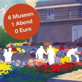 KULTURTAG: 6 Museen ­- 1 Abend ­ - 0 Euro; Lila Haus mit bunten Blumen und weißen Umrissen von Personen, in einem roten Kreis steht