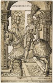 Hans Burgkmair (der Ältere), Kaiser Maximilian zu Pferd, 1518 Holzschnitt mit schwarzer Linienplatte und graubrauner Tonplatte, Albertina, Wien