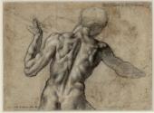 Michelangelo Buonarroti Männlicher Rückenakt mit Fahnenstange, um 1504  Schwarze Kreide, weiß gehöht