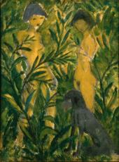 Otto Mueller, Zwei Mädchen mit Pudel, um 1924-25  Leimfarbe auf Rupfen Albertina, Wien - Dauerleihgabe der Sammlung Forberg
