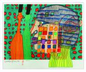 Friedensreich Hundertwasser, 688 A ZWEI BÄUME AUF DEM SCHIFF REGENTAG, Japanischer Farbholzschnitt in 38 Farben © 2014 Namida AG, Glarus, Schweiz