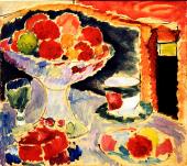 Alexej von Jawlensky, Stillleben mit Obstschale, Böhmischem Glas und Empire Tasse, 1907, Öl auf Malkarton © Stiftung für Fruchtmalerei und Skulptur, Heidelberg