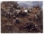 Joseph Wopfner: Kreuzenthüllung auf dem Hochfellen im Chiemgau, um 1886; Öl auf Pappe, TLMF, Foto: TLM