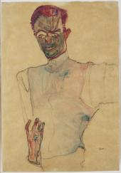 Egon Schiele, Selbstbildnis mit Gilet, 1910, Kohle, Aquarell auf Papier, Landessammlungen Niederösterreich