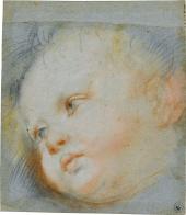Federico Barocci, Kinderkopf, farbige Kreide auf blauem Papier, 2. Hälfte des 16. Jahrhunderts, Stiftung Schloss Fachsenfeld