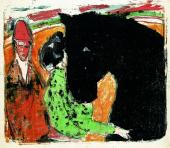 Ernst Ludwig Kirchner, Rapphengst, Reiterin und Clown, 1909, Farblithografie © Buchheim Museum