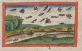 Heuschreckenplage, Jakob Mennel: „Über Wunderzeichen”, Miniatur, 1503