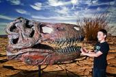 Thyrano Saurus Rex Schädel mit 10-jährigem Sohn der Museumsgründerfamilie 