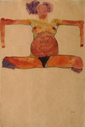 Egon Schiele, Sitzender schwangerer Akt mit gespreizten Armen und Beinen, 1910, Aquarell 