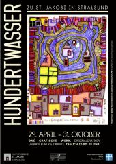 Plakat Friedensreich Hundertwasser, Wasserende am Dach, Japanischer Farbholzschnitt, 1987, Ausstellung Hundertwasser zu St. Jako