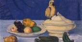 Broncia Koller-Pinell, Stilleben mit Früchten und Papagei, 1910