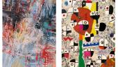 DIALOG:RESONANZ:EMOTION - Doppelbild: Ernestine Tahedl: „Berislav Sipus Dialogues for Viola and violoncelo “, Acryl auf Leinwand, und Zlatko Keser: „FREUNDE PRIJATELJI FRIENDS“, 2002, Eitempera und Öl auf Leinwand