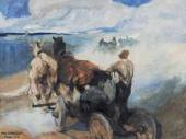 Bäuerliches Wagenrennen am Fussufer bei Modlin, 1917, Aquarell, 48 x 64 cm
