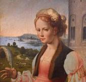Umkreis Joos van Cleve, Triptychon mit thronender Madonna und Heiligen, um 1525/30 Detail des rechten Seitenflügels mit Heiliger